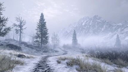Serene Winter Landscape with Snow-Covered Mountains and Pine Trees in a Foggy Atmosphere