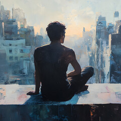 Boy sitting on a rooftop ledge overlooking a city skyline at twilight