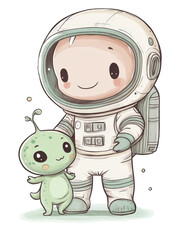Cartoon character in astronaut suit with small green frog on a colorful outer space background isolated on transparent background.
