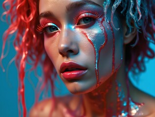 Obraz premium Surreal beauty with melting metallic makeup dripping in vibrant colors
