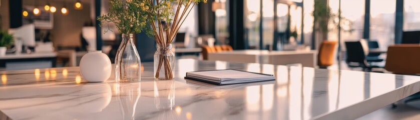 Unveiling an urban oasis, sleek marble tabletop elegantly showcasing cool office essentials amidst sophisticated soft blurred backdrop, seamless integration of product display in an urban office