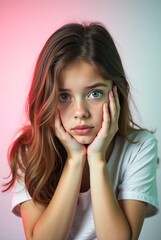 Fototapeta premium Teenage girl feeling tired and holding her face in her hands with a colorful gradient background