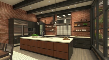 Obraz premium Industrial-modern apartment kitchen with exposed metal beams, dark wood cabinetry, and a bold aesthetic.
