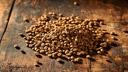 Roasted Coffee Beans On Rustic Wooden Surface