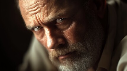 Fototapeta premium Intense expression of a man facing hardship and struggle in a dimly lit space