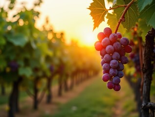 Fototapeta premium Ripe grapes hanging in vineyard at sunset, creating warm and inviting atmosphere
