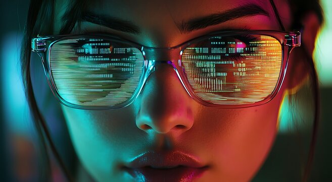 Close up of a woman's face with code reflected in her glasses.