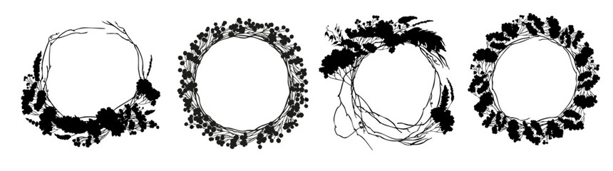 Vector Twig Wreath Silhouette, Black and White Outline Floral Frame, For Invitation Save the date card, Logo or Tattoo