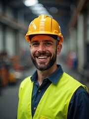 Bearded white man in hard hat and safety vest smiling in heavy industry environment with machinery in background