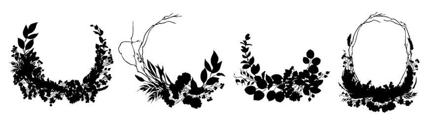 Obraz premium Vector Twig Wreath Silhouette, Black and White Outline Floral Frame, For Invitation Save the date card, Logo or Tattoo