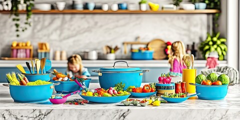 Vibrant Kitchen Scene with Children and Fresh Vegetables in a Cozy Home Setting
