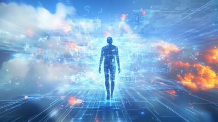 Metaverse humanoid AI floating through digital data streams and futuristic clouds.