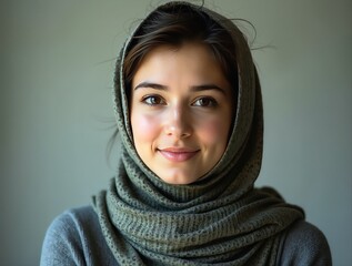 Fototapeta premium Portrait of smiling young woman wearing headscarf in studio