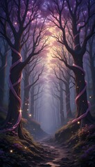Fototapeta premium Enchanted Forest Path: A Mystical Journey Through Purple Twilight