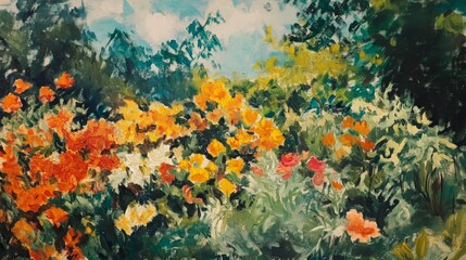 Colorful Flower Garden in Impressionistic Style with Bright Blooms