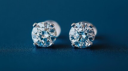 Minimalist diamond studs displayed against a deep blue background.