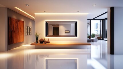 Modern apartment entrance hallway with minimalistic decor, a statement mirror, and contemporary lighting.