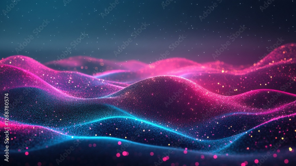 Poster abstract vibrant waves with pink and blue hues and glowing particles in motion, futuristic digital a