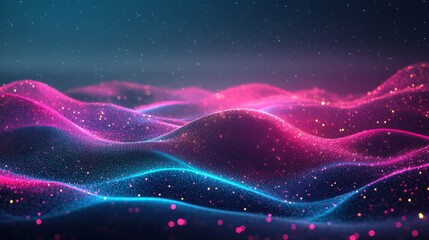 Obraz premium Abstract vibrant waves with pink and blue hues and glowing particles in motion, futuristic digital art. Dynamic movement and creativity concept