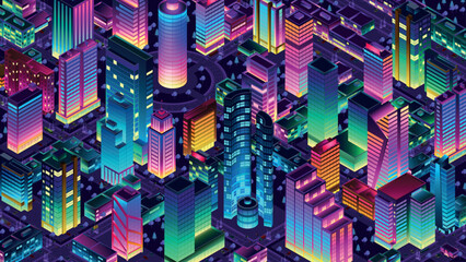 Night isometric city with houses, streets, cars and trees. Isometric vector illustration.
