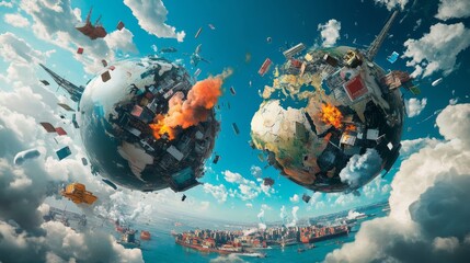 Global trade giants clash international arena visual artwork competitive landscape strategic viewpoint economic power dynamics