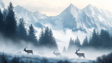 Majestic Deer Roaming in Mystical Snowy Forest with Dramatic Mountains and Soft Misty Atmosphere at Dawn