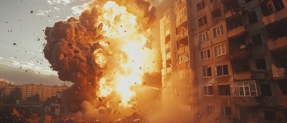Dramatic depiction of an explosion in an urban area, useful for news articles about conflicts or military events, and for creating a tense atmosphere in movies and video games.