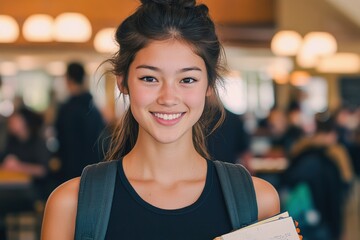Determined teen girl's journey, vibrant day at high school, shoulder full of essentials for learning lessons, notebook clutched tightly, ready to absorb knowledge