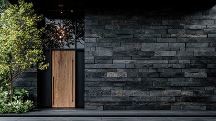 Modern home exterior, dark stone wall, wooden door, landscaping