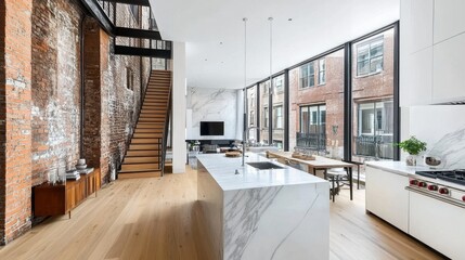 Open-concept modern apartment kitchen with sleek white cabinetry, a marble island, and stainless steel appliances.