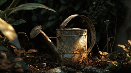 Obraz premium Vintage Watering Can in Rustic Garden Setting Surrounded by Greenery
