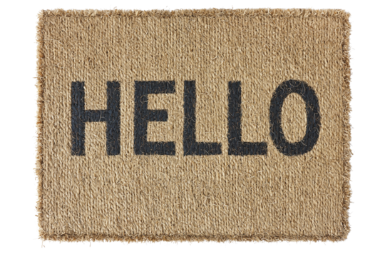 Welcome mat with hello text on a simple background