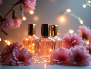 Elegant perfume bottles with flowers and fairy lights