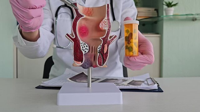 Physician discusses anatomy model and medication options for patients with reproductive health concerns in clinic