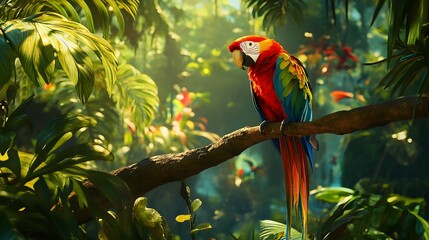 Vibrant parrots perched on a branch, colorful tropical birds in lush greenery, showcasing nature's beauty and serenity.