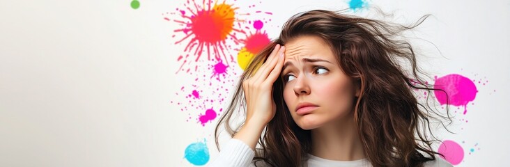 Fototapeta premium A woman with a worried expression, her hand on her forehead, against a background with colorful paint splatters, suggesting a state of mental distress or confusion.