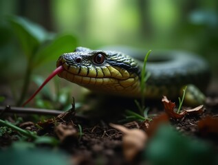 Obraz premium Venomous green snake flicking tongue in lush jungle environment
