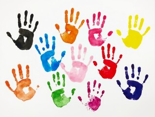 Colorful handprints showing unity and creativity on white background