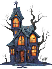 Halloween themed house with unique architecture and decorations for spooky festivities and celebrations isolated on transparent background.