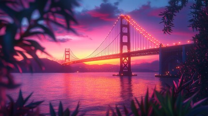 Fototapeta premium Golden Gate Bridge Sunset Framed by Tropical Plants