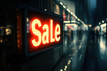 Brightly lit 'Sale' sign in vibrant reds against a blurred urban nightscape, drawing attention from passersby.