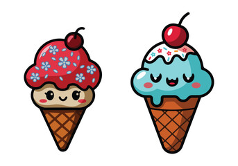 Sweet Kawaii Ice Cream Set: Smiling Cones, Cherries Sprinkles