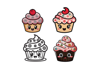Kawaii Cupcake Vectors: Cute Cupcakes with Faces Cherries  Download cute kawaii cupcake vectors! Features smiling cupcakes with faces, cherries, and sprinkles. Perfect for adding sweetness to your des