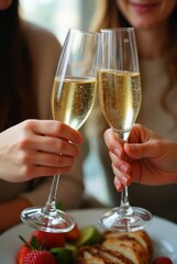 Friends clinking champagne glasses celebrating with meal in background