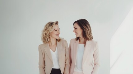 Fototapeta premium Successful businesswomen smiling in modern office, confident female professionals networking and collaborating