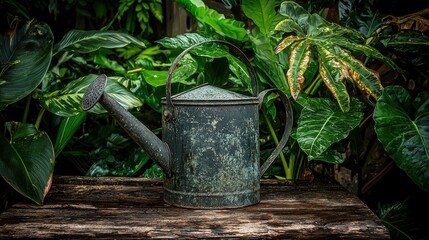Fototapeta premium Charming Vintage Watering Can Set Against Lush Green Foliage