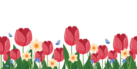 Spring Floral Frame with Red and Orange Tulips, Daffodils, and Scilla on White Background Easter or Mothers Day Banner.