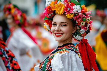 A smiling woman in traditional attire with a colorful floral headdress, a festive atmosphere. blurred figures in similar costumes, celebrating a cultural event.