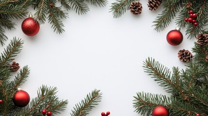 Festive Christmas Frame Pine, Red Ornaments and Berries on White, Holiday, Decoration