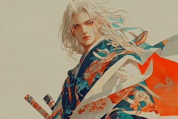 Fototapeta premium Elegant Anime Samurai with Long White Hair and Intricate Kimono